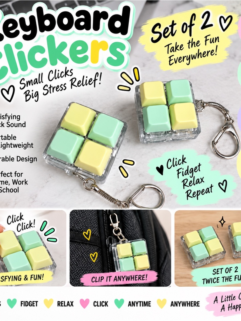 Keyboard Clicker Keychain Fidget - Set of 2 in Yellow & Mint